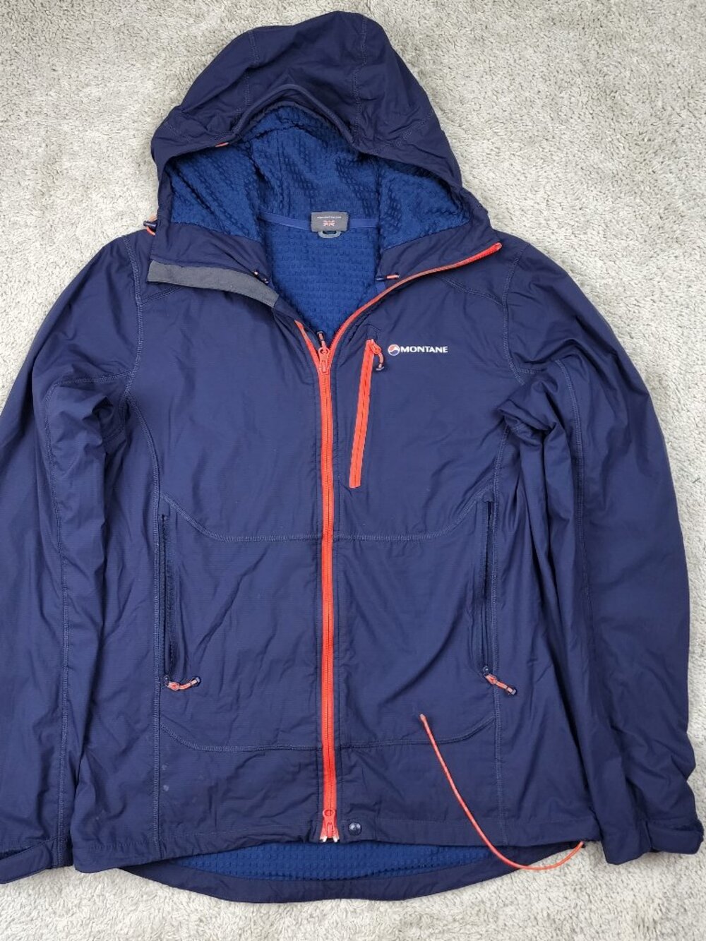 Montane Mens Large Hooded Technical Fleece Jacket Blue BROKEN Drawstring READ